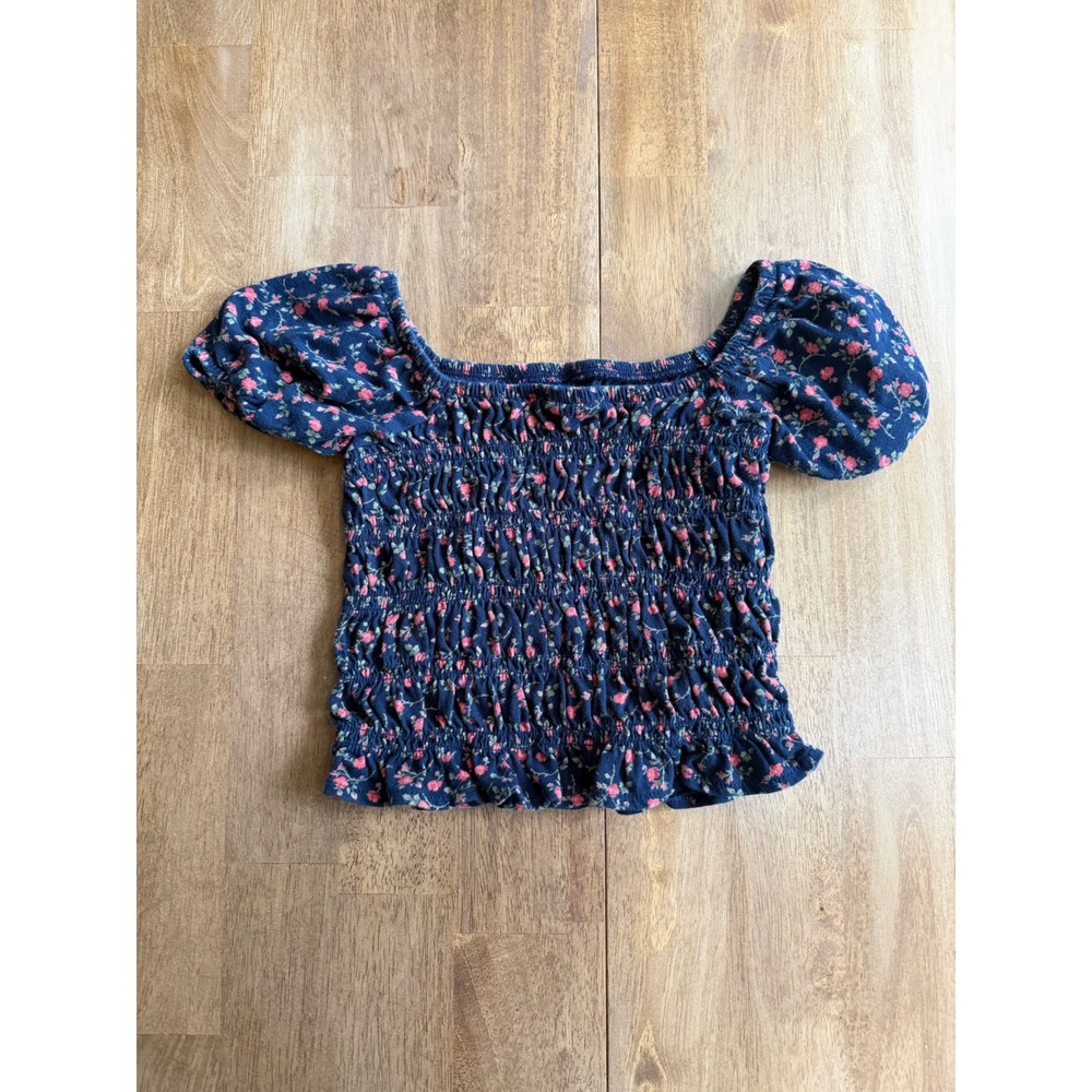 Old Navy Girls Navy Blue Floral Smocked Puff Sleeve Top Size M 8